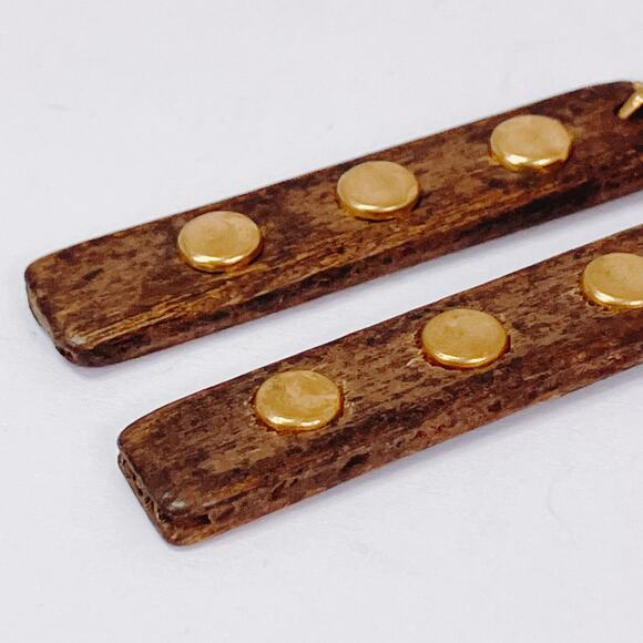 VTG 60s Wood Gold Tone Clip On Dangle Earrings Mid Century Modernist Minimalist - Picture 3 of 9